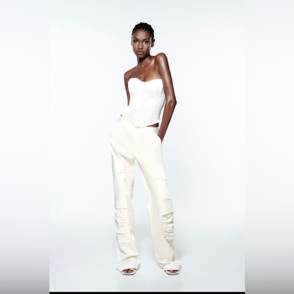 SATIN ZARA WHITE RUCHED CARGO PANTS